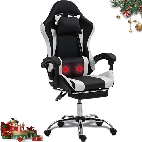 Ergonomic Gaming Chair with Massage Lumber， White Video Game Chair w/Footrest for Adults Kids, Adjustable Headrest & Lumbar Support, 360° Swivel for Home Office Bedroom Gaming Room