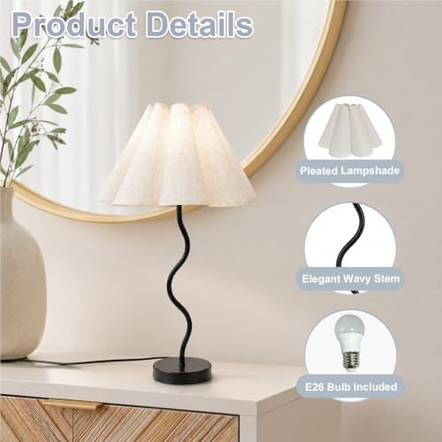 Pleated Table Lamp, Modern Bedside Lamp with Wavy Scalloped Shade (Black)