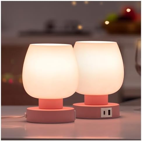 ONEWISH Pink Touch Table Lamp with USB Charging - 3 Way Dimmable Small Lamp for Bedroom, Warm LED Bulb Included, 2 Packs