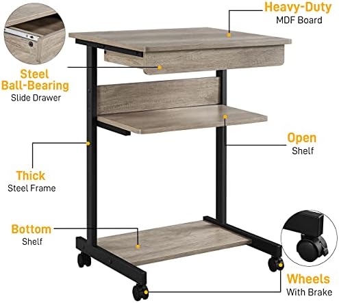Topeakmart Gray Art Deco Desk, Rolling Computer Desk Cart with Drawer, Small Space Solution for Writing, Laptop, PC, 22 x 20.1 x 31.5 inches