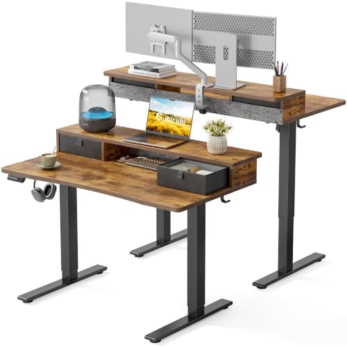 CubiCubi 48 x 24 Inch Electric Standing Desk with 2 Drawers, Brown
