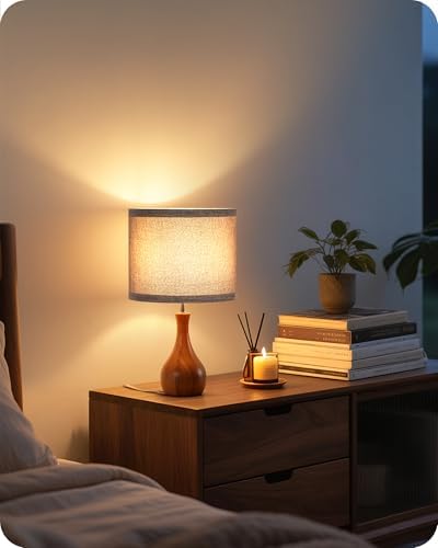 Gray Table Lamp, 14.2" Small Bedside Lamp, Compact Desk Lamp with Gray Linen Lampshade & Dark Walnut Base, Modern Nightstand Lamp for Bedroom, Kid's Room, Office, E26 Socket, LH09TL05