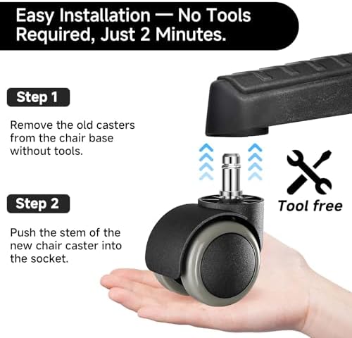 2 Inch Rollerblade Wheels for Office Chairs Replacement, 5PCS Mute Heavy Duty Rubber Rotating Computer Desk Chair Caster, Safe for Wood Floors Carpet, Universal Standard Stem Size Fits 99%
