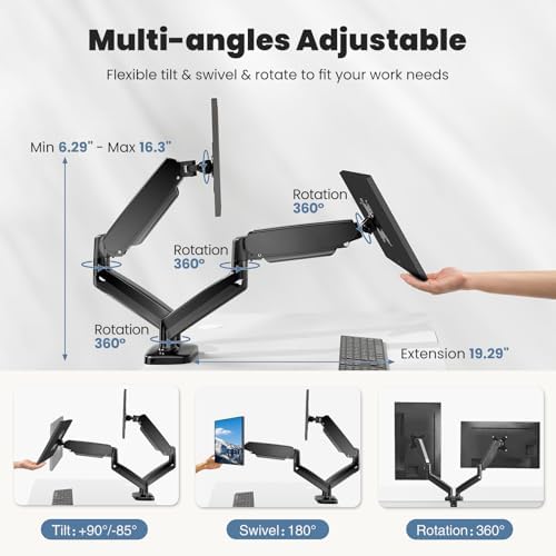 OLIXIS Dual Monitor Stand for Desk, Gas Spring Monitor Arm for 2 Monitors Max 32 Inches, Fully Adjustable Double Mount, VESA Mount with C-Clamp/Grommet Base, Holds Screen 17.6 lbs