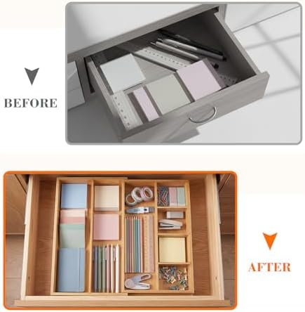 Bamboo Sliding Desk Drawer Organizer 8.2'' up to 16.4'' x 14.4'' x 2.2'' Expandable Office Desk Accessories Supplies Tray with 7 Compartments for Pens, Notebooks, Rulers, and Makeup Jewelry Vanity