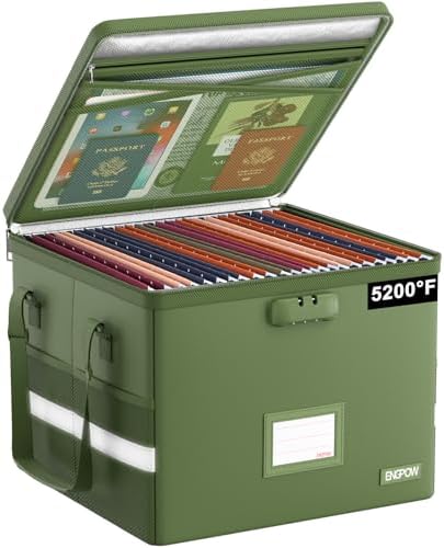 ENGPOW 5200°F File Box Fireproof Document Box with Lock,Heat Insulated Collapsible File Storage Organizer Box with Handle,Portable Home Office File Cabinet for Hanging Letter/Legal Size Folder, Green