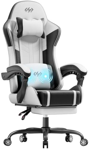 HLDIRECT High Back Gaming Chair, USB Massage Lumbar Support, Black&White