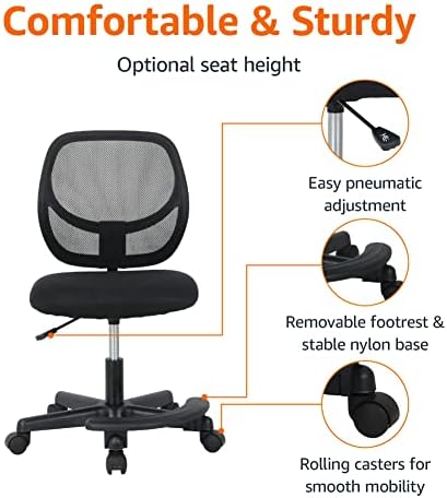 Amazon Basics Kids Adjustable Height Mesh Low-Back Swivel Desk Chair with Footrest, Rolling Chair with Casters for Smooth Mobility, Black