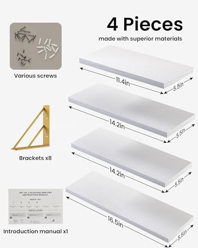 BAYKA Wall Mounted Floating Shelves (White and Gold, Set of 4, 16" Mixed)