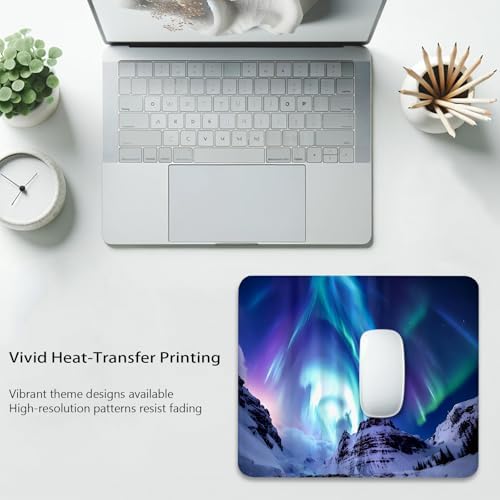 Aurora Borealis Over Snow-Covered Mountains Mouse Pad, Durable Desk Mat