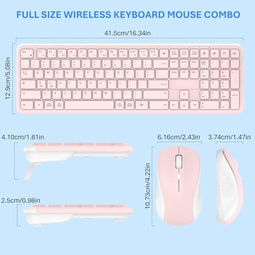 Wireless Keyboard and Mouse Combo, Full-Size Silent Ergonomic Keyboard and Mouse, Sleep Mode, Long Battery Life, 2.4G Lag-Free Cordless Mice Keyboard Set for Computer, Laptop, PC, Mac, Windows (Pink)
