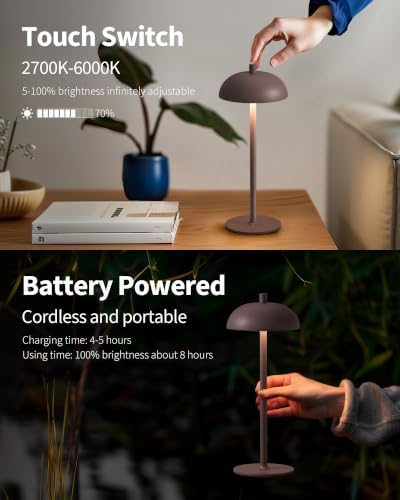 12" Cordless Table Lamps Set of 2, Brown Modern Portable Desk Lamp