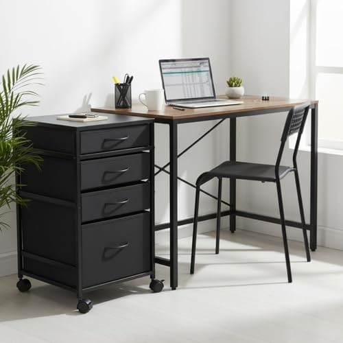 Chunful 4 Drawer Rolling File Cabinet Mobile Printer Stand Metal Cart with Fabric Vertical Filing Chest Wheels A4 Letter Size Under Desk Utility Craft Storage Organizer for Home Office School(Black)