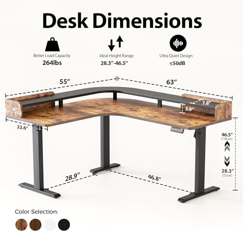 Agilestic 63 Inch L Shaped Electric Standing Desk with Shelf, Rustic Brown