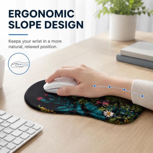 Ergonomic Mouse Pad with Wrist Rest, Mouse Pad with Memory Foam Massage Support, Non-Slip PU Base, Comfortable Typing Cushion for Home Office Computer Laptop, Flowers Grass