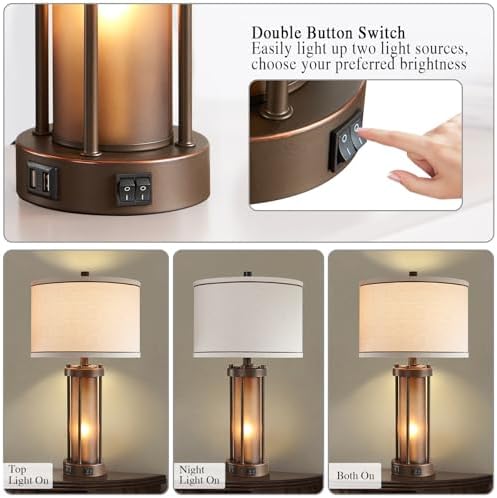 RORIA Farmhouse Table Lamps for Living Room with USB C+A Ports