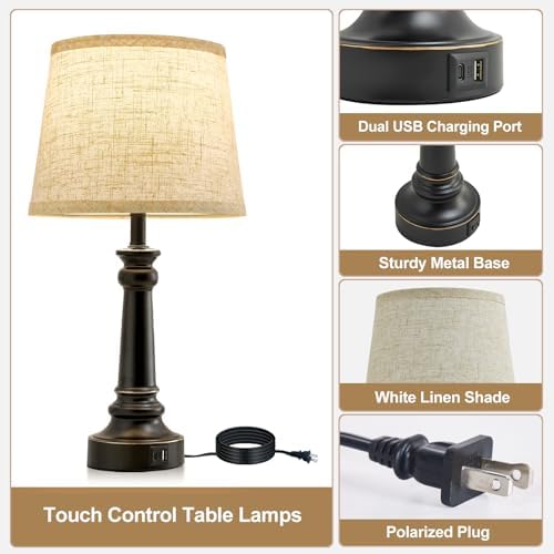 EJIAXIN Touch Lamps for Nightstand Set of 2 - Black Table Lamp for Bedroom Dimmable Bedside Lamp with USB C+A Ports - Lamps for Night Stands Living Room End Table,2 LED Bulbs Included