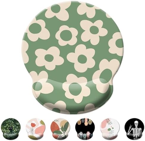 Green Mouse Pad Wrist Support,Ergonomic Mouse Pad with Wrist Rest,Comfortable Mousepad with Smooth Wrist Rest,Pain Relief Mouse Pads for Non-Slip Base,Computer,Laptop,Office(Vintage Groovy Flowers)