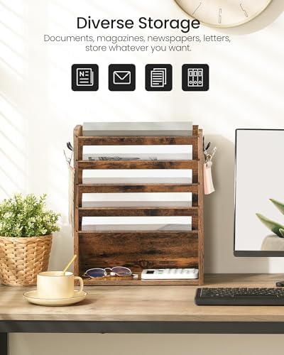 CHOEZON Wall File Organizer, 6-Tier Vertical Mount Hanging Holder with 2 Side Hooks, Vintage Wooden Magazine Storage Crate with Bottom Flat Tray, Desk Organizer, for Office, Home, Rustic Brown MWJ01FG