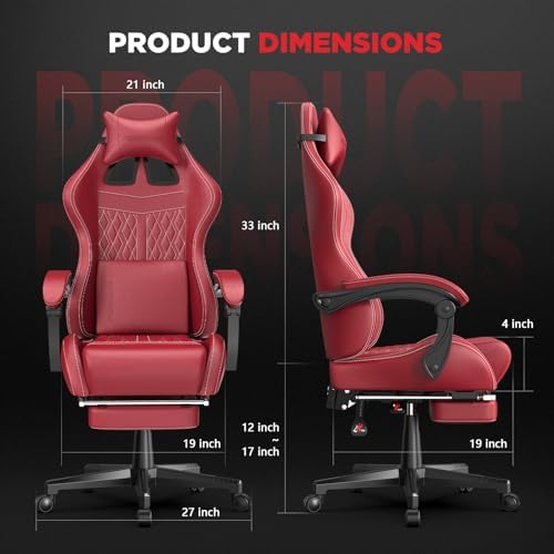 Ferghana Vintage PU Leather Gaming Chair, High Back Gamer Chair with Massage, Ergonomic Computer Office Chair with Footrest for Adults, Racing Style Reclining Video Game Chair Bright Red