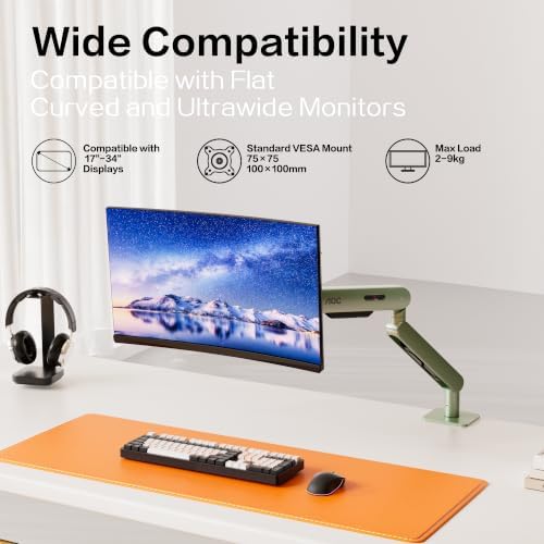 AOC AM400PLUS Premium Aluminum Single Monitor Arm, Mechanical Spring, 17–34 Inch, 4.4–19.8 lbs, VESA 75x75/100x100, C-Clamp, Quick Install Desk Mount with Cable Management (Green)
