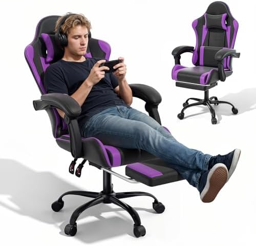 MoNiBloom Gaming Chair, Footrest & Lumbar Support, Height Adjust, Purple