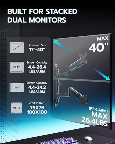 ARES WING 17-40 Inch Ultrawide Vertical Dual Monitor Wall Mount, Black