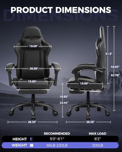 LUCKRACER Gaming Chair with Footrest, Pocket Spring Seat, 90°-135° Reclining Computer Chair with Linkage Armrests, Lumbar Support, Height Adjustment, SGS-Tested Gas Lift, 330 lbs Capacity, Black