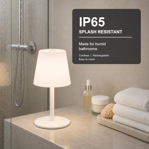 Rechargeable Cordless Table Lamp, IP65 Waterproof Touch Night Light with 4000mAh Battery, 3 Color Temperatures and Stepless Dimming for Bathroom, Nursery, Bedside and Skincare, White