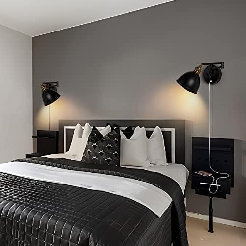 Swing Arm Wall Sconces, Plug-in Wall lamp,Bedroom Wall lamp ， White Fabric Shade，，with dimmable Switch and USB Charging Port, Suitable for Bedside, Living Room, Reading (Metallic Black)