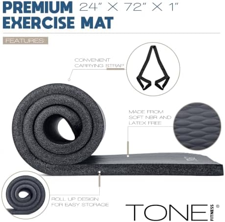 Tone Fitness 1" Extra Thick Yoga Mat, Exercise & Pilates Mat with Strap