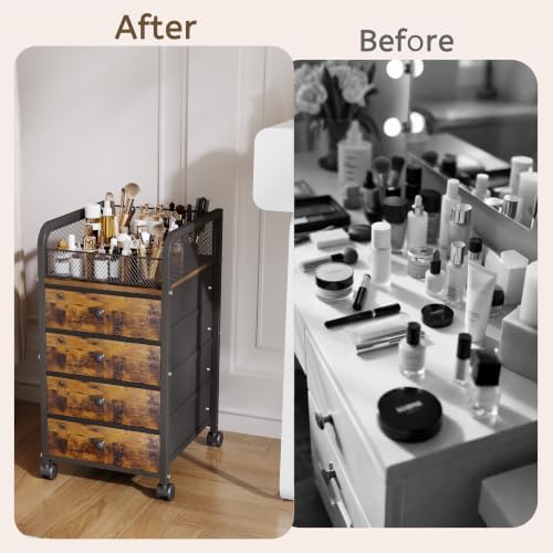 Rolling Makeup Organizer Cart - Under Desk Vanity Cart with 4 Drawers