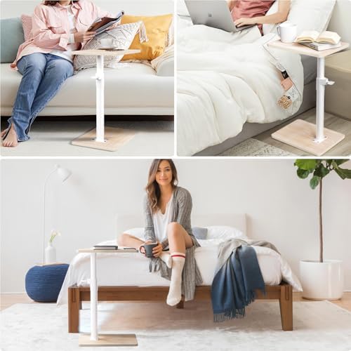 YUHFERA Sofa Armrest Tray Table for Couch - 360 Swivel Height Adjustable End Table for Small Spaces, Snack Side Table for Bed or Chair with Phone & Tablet Slot (Oak, Standard)