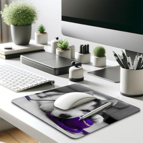 Siberian Husky Puppy Mouse Pad, Cute Pup Playing Purple Blue Ball Desk Mat