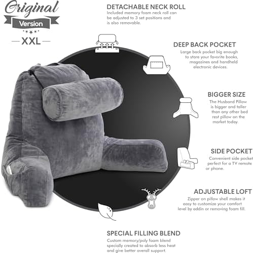 Husband Pillow XXL The Original for Adults - 30" Tall Backrest for Sitting Up in Bed - Firm Support Reading & Bed Rest Pillows for Adults, Neck Roll, Removable Cover - TV - Dark Grey