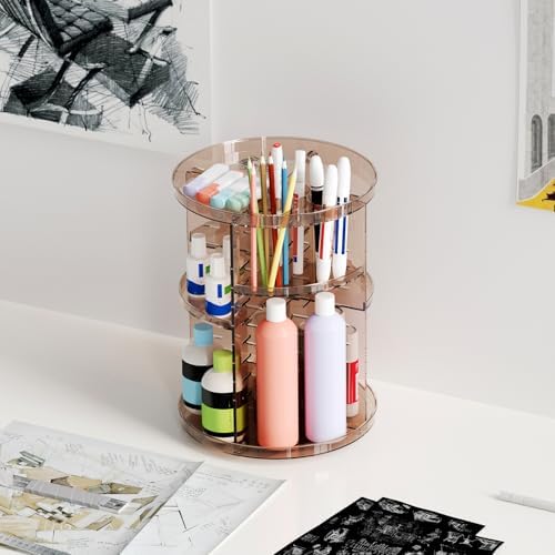 Rotating Makeup Organizer, DIY 8 Adjustable Layers Spinning Skincare Storage, Cosmetic Display Case with Brush Holder and Perfume Tray, Multi-Function Vanity Bathroom Countertop Organizer Clear Coffee
