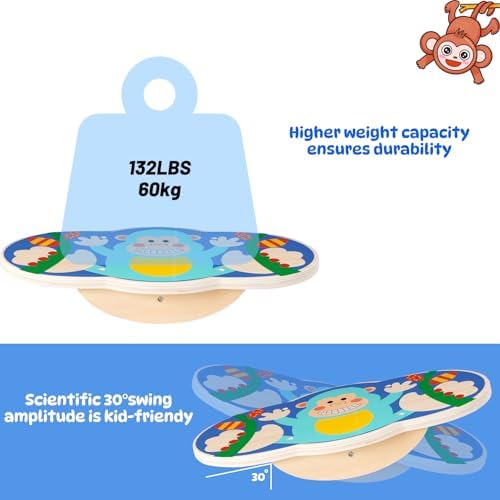 Balance Board for Kids, Wooden Wobble Rocker Board for Children, Capable of Bearing 123LB, Durable for Balance Training, Core Strength and Active Play, Bright Blue Monkey Pattern