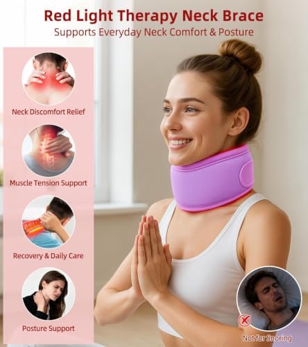 Red Light Therapy Neck Brace, 660nm & 850nm Infrared Light Therapy for Neck Pain Relief & Support, 3 Light Modes and Timer, Adjustable Wireless Cervical Collar for Home Office Use (Purple)