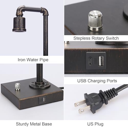 Industrial Table Lamp, Vintage Bedside Lamp with USB C and USB A Charging Ports, Dimmable Steampunk Office Lamp Metal Pipe Edison Reading Lamps for Bedroom, Dorm, Farmhouse Decor 6W LED Bulb Included
