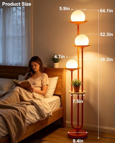 63IN Globe Floor Lamp with Shelf 3-Lights Modern Dimmable Orange Floor Lamps with 3000K Soft Warm White Bulbs for Wedding/Party, Tall Standing Lamp with 5Lbs Heavy Base for Living Room/Bedroom