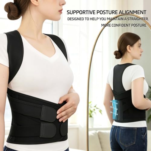 Posture Corrector for Women and Men, Full Back Brace for Posture Support, Adjustable Shoulder Straightener with Waist Belt, Breathable Upper Back Brace for Hunchback Posture, Daily Back Support Black, Small