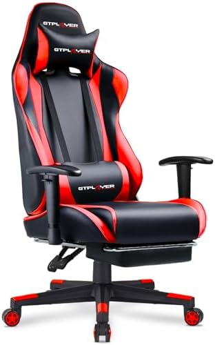 GTPLAYER Gaming Chair with Footrest, Ergonomic Computer Game Desk Chair, Reclining Gamer Chair Seat Height Adjustment, Swivel Rocker with Headrest and Lumbar (Brickred)
