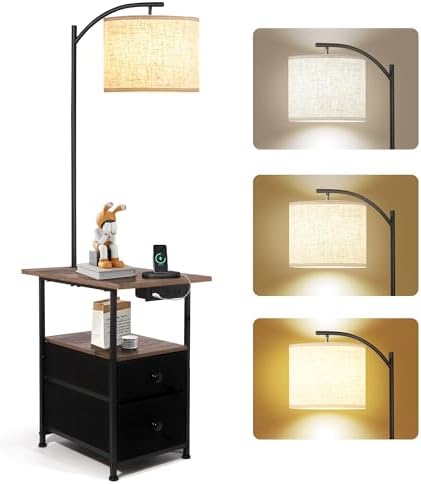PESRAE Floor Lamp with Table & 2 Drawers, End Table with Lamp, Natural Wood