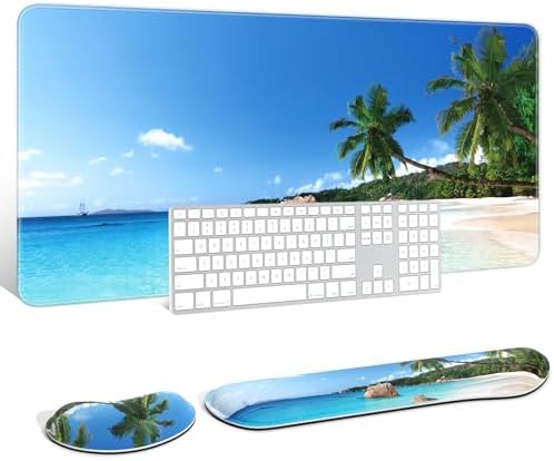 Auhoahsil Large Mouse Pad with Wrist Rests for Keyboard & Mouse, Thick Soft Ergonomic Memory Foam Wrist Supports, Big & Long Desk Mat 35.5 x 15.7 in, for Office Gaming Computer, Beach and Trees