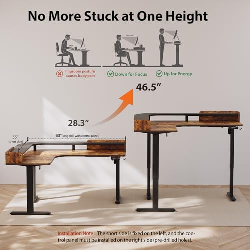 Agilestic L Shaped Standing Desk with Monitor Shelf, 63 Inch, Rustic Brown