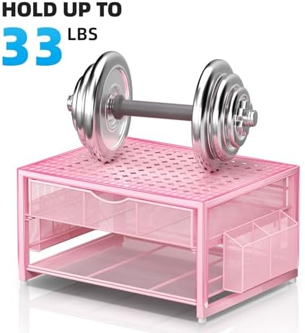 Marbrasse Metal Printer Stand for Desk with Storage Drawer and 2 Pen Holders, 2-Tier Desktop Organizer Printer Table for Home Office, Multi-Purpose Desk Organizer for Fax Machine Scanner Files(Pink)