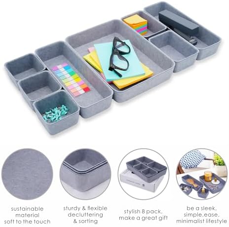Welaxy Minimalist 8pc Felt Desk Drawer Organizer Glacier Gray Bins