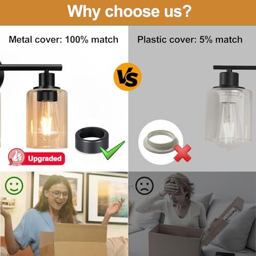 Zarbitta 3-Light Bathroom Light Fixtures, Black Modern Vanity Lights with Amber Glass Shades, Bathroom Wall Lamp for Mirror Kitchen Living Room Hallway Cabinet Porch