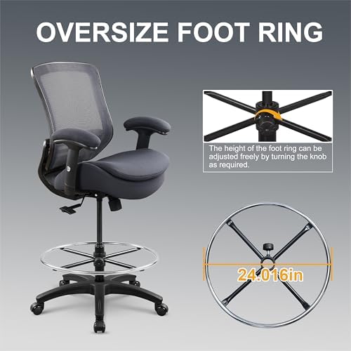 400lbs Office Drafting Chair Wide Dual Seat Cushion Height Adjustable Armrest for High Standing Desk with Lumbar Support and Enlarged Adjustable Footrest (Black Frame Gray Fabric)