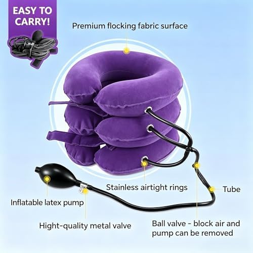Inflatable Purple Cervical Neck Traction Brace, Adjustable Neck Stretcher for Instant Neck Pain Relief & Spine Decompression, Portable Design for Relax Your Neck Anytime Anywhere at Home Travel Office